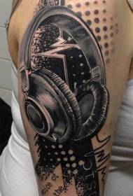Realistic style black and white music headphones and letter boom tattoo pattern