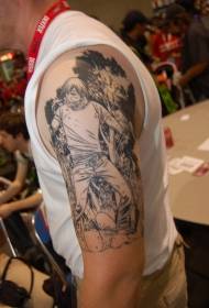 Groot swart manga-styl man met 'n zombie-tatoeëringpatroon
