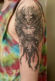 Big arm mysterious black devil face leaf tattoo pattern