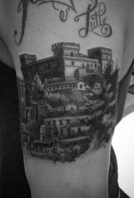 Arm black gray ancient medieval castle letter tattoo pattern