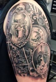 Big arm mechanical style clock and dog portrait tattoo pattern