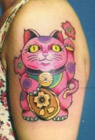 Patrón de tatuaje de gato afortunado japonés de brazo grande rosa