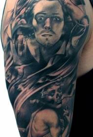 Un home tolo de estilo gris de brazo negro con un patrón de tatuaxe de muller demo