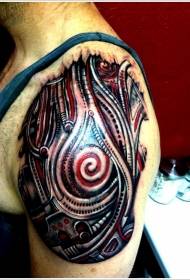 Black and red mechanical tattoo pattern on the shoulders