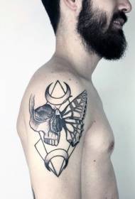 Shoulder mysterious black skull with butterfly wings and moon tattoo pattern