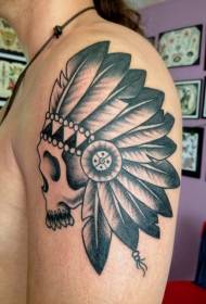 Arm black gray Indian feather skull tattoo pattern