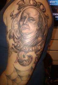 Big arm black Benjamin Franklin portrait with letter tattoo pattern