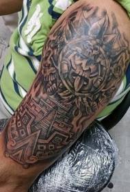 瑪雅部落傳統黑色扁平紋身與寺廟大臂紋身圖案