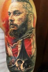 Bulged realistic male portrait and pirate ship tattoo pattern