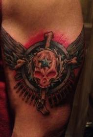 Big arm colorful skull wings badge tattoo pattern