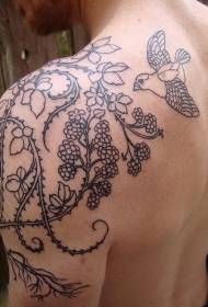 Shoulder black line vine flower bird tattoo pattern