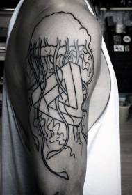 Big arm simple black line jellyfish with symbol tattoo pattern