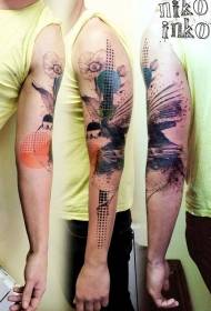 Big arm color flower with big bird polka dot tattoo pattern