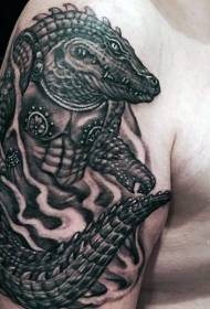 Shoulder Fantasy Black Grey Crocodile Warrior Tattoo Model