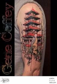 Big arm Chinese style painted monk and stupa tattoo pattern