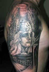 Arm black and white Viking warrior and wing helmet tattoo pattern