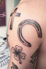 Shoulder black horseshoe and clover cross tattoo pattern