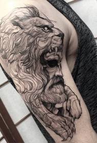 Estilo de dibujo de brazo grande misterioso hombre negro con patrón de tatuaje de casco de león