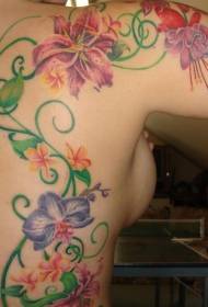 Girl back and arm colored vine flower tattoo pattern