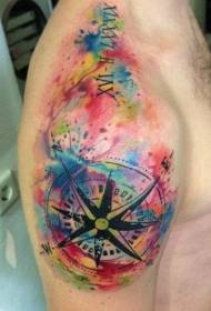 Shoulder beautiful multicolored splash with compass tattoo pattern