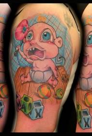 Big arm cartoon style colorful baby with cube toy tattoo pattern