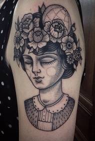 Grūsnēja, roka, dusmīgs, prick, gudrs, sieviete, portrets, ar, ziedēšanas laiks, tetovējums, pattern