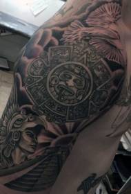 Arm ornate black Mayan warrior with temple and pigeon tattoo pattern