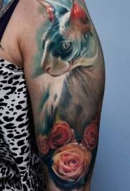 Big arm cute realistic realistic cat with rose tattoo pattern