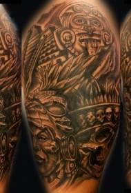 Big arm Aztec tribe portrait skull tattoo pattern