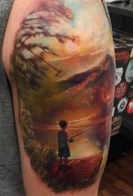 Big arm colored little boy fisherman tattoo pattern