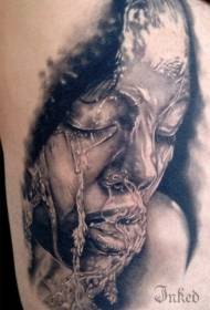 Amazing black grey woman portrait and water tattoo pattern