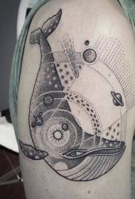 Big arm old school black point whale with solar system tattoo pattern