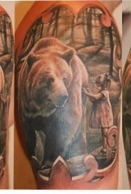 Bear and little girl tattoo pattern in the forest