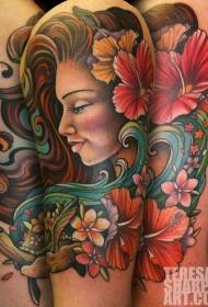 Big arm old school color beauty portrait flower snake tattoo pattern