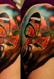 Big arm realistic style colored snail with butterfly tattoo pattern