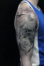 Big black ash locomotive clock and map tattoo pattern