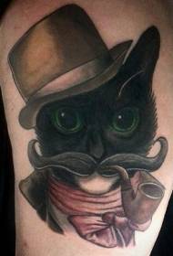 New school color gentleman cat with smoking tube tattoo pattern
