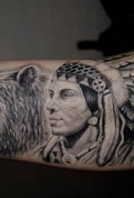 Modèle de tatouage de bras indien guerrier et ours