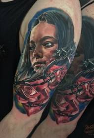 Arm staré školy farebné diabol žena s ružovým a ostnatým drôtom tetovanie vzorom
