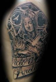 Černá šedá pamětní žena kříž a dopis tetování vzor