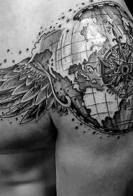 Shoulder black and white globe with wings and compass tattoo pattern