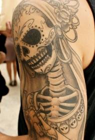 Mexican traditional style big arm black and white skull bridal tattoo pattern