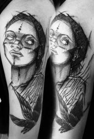 Stor arm skitse stil sort kvindelig med flyve krage tatovering mønster