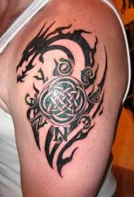 Big black tribal dragon with celtic knot tattoo pattern