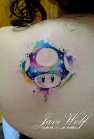 Girl back watercolor starry style cartoon mushroom tattoo pattern