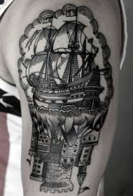 Big arm carving style black line sailboat with castle tattoo pattern