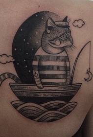 背部黑色线条点刺猫咪小船纹身图案