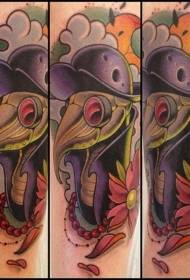 Mooie kleurrijke vogel met hoed en bloem tattoo patroon