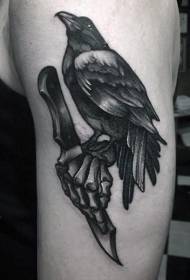 Engraving style black dagger crow and licking hand tattoo pattern