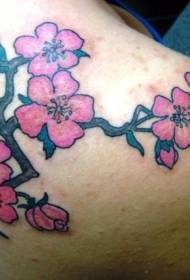 Плечі красиві рожеві квіти з гілочками татуювання візерунком